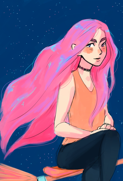 Doodle of a witch with pink hair riding a broom at night